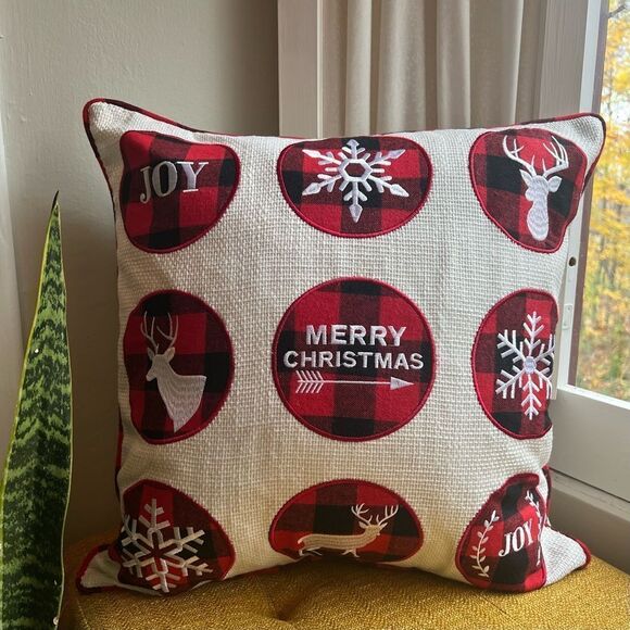 Christmas’s Buffalo Plaid Embroidered Throw Pillow Cover Cozy Cabin Decor - Picture 1 of 7